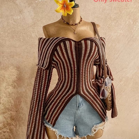 Striped Brown Off-Shoulder Sweater New Boutique - Picture 6 of 6